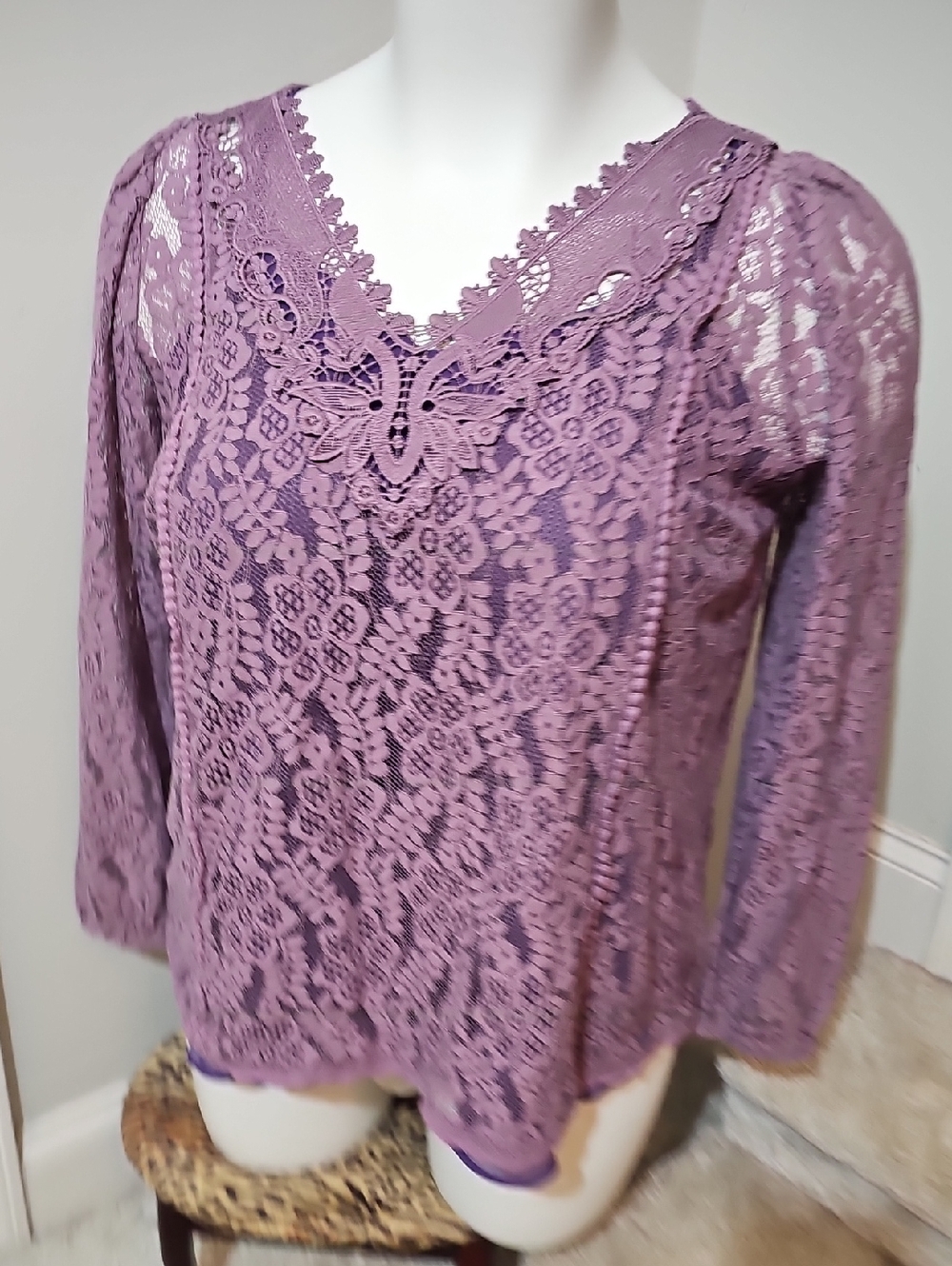 Torrid Lavender Lace V-Neck Long Sleeve Crochet Lace Blouse With Cami